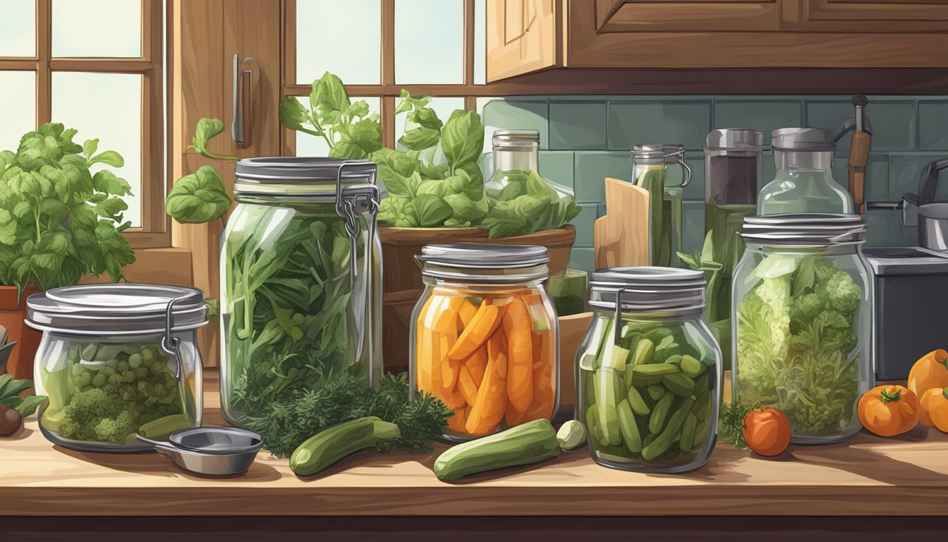 A small kitchen counter with various jars of pickling ingredients and tools, surrounded by potted herbs and vegetables in a compact urban setting