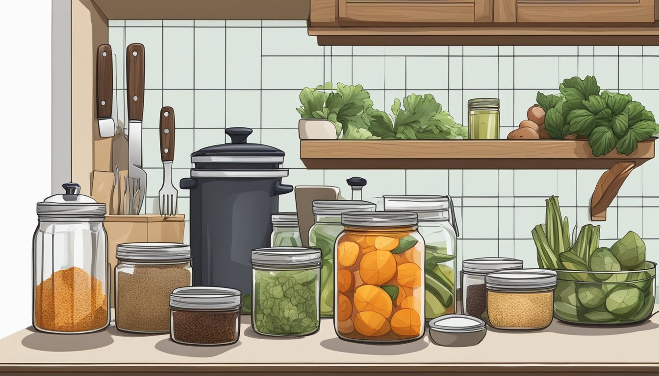 A small urban kitchen with jars, fresh produce, vinegar, and spices laid out for pickling. A compact countertop space with a cutting board and knife