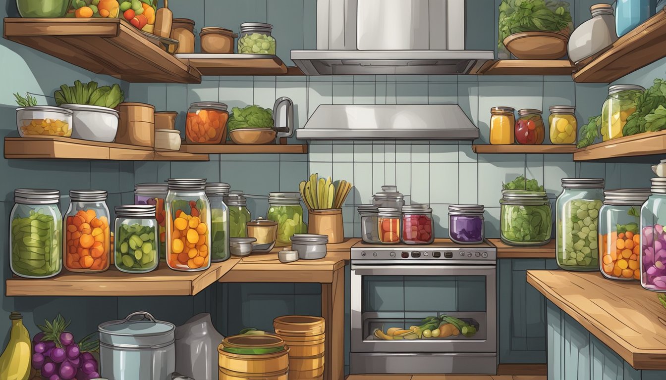 A small urban kitchen with shelves filled with jars of colorful pickled vegetables and fruits, surrounded by pots, pans, and utensils for pickling