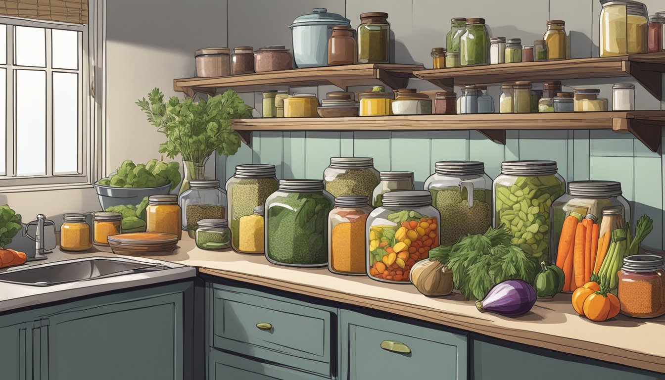 A small, urban kitchen with shelves of colorful pickling jars and various vegetables and spices laid out on the counter. A pot of brine simmers on the stove, filling the room with a tangy aroma