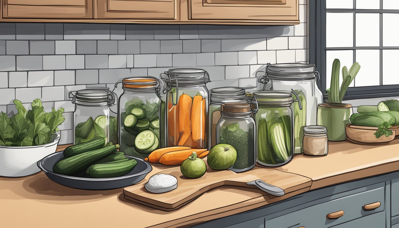 A small, urban kitchen with shelves filled with jars, vinegar, spices, and fresh produce. A pot of brine sits on the stove, and a cutting board holds cucumbers ready for pickling