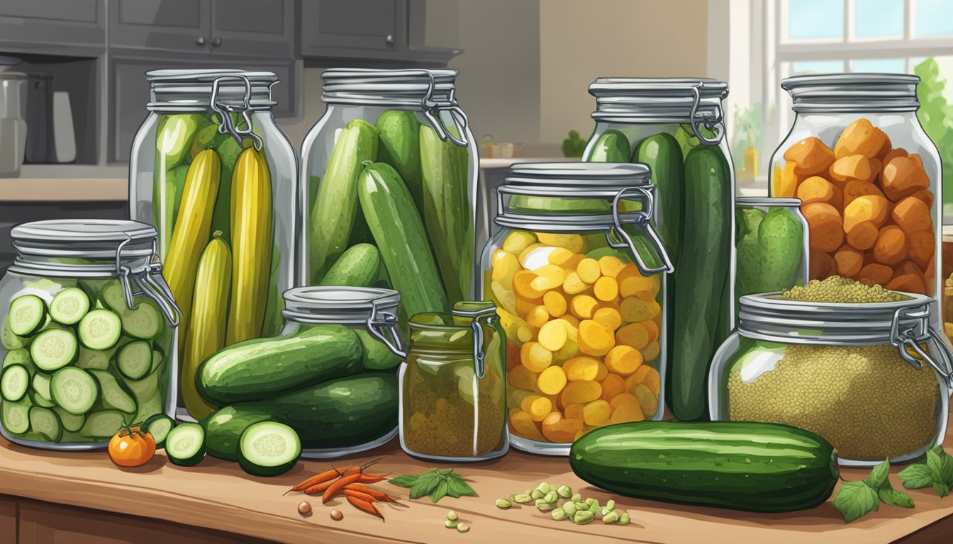 A colorful array of fresh cucumbers, vibrant herbs, and assorted spices arranged on a kitchen counter next to glass jars and vinegar