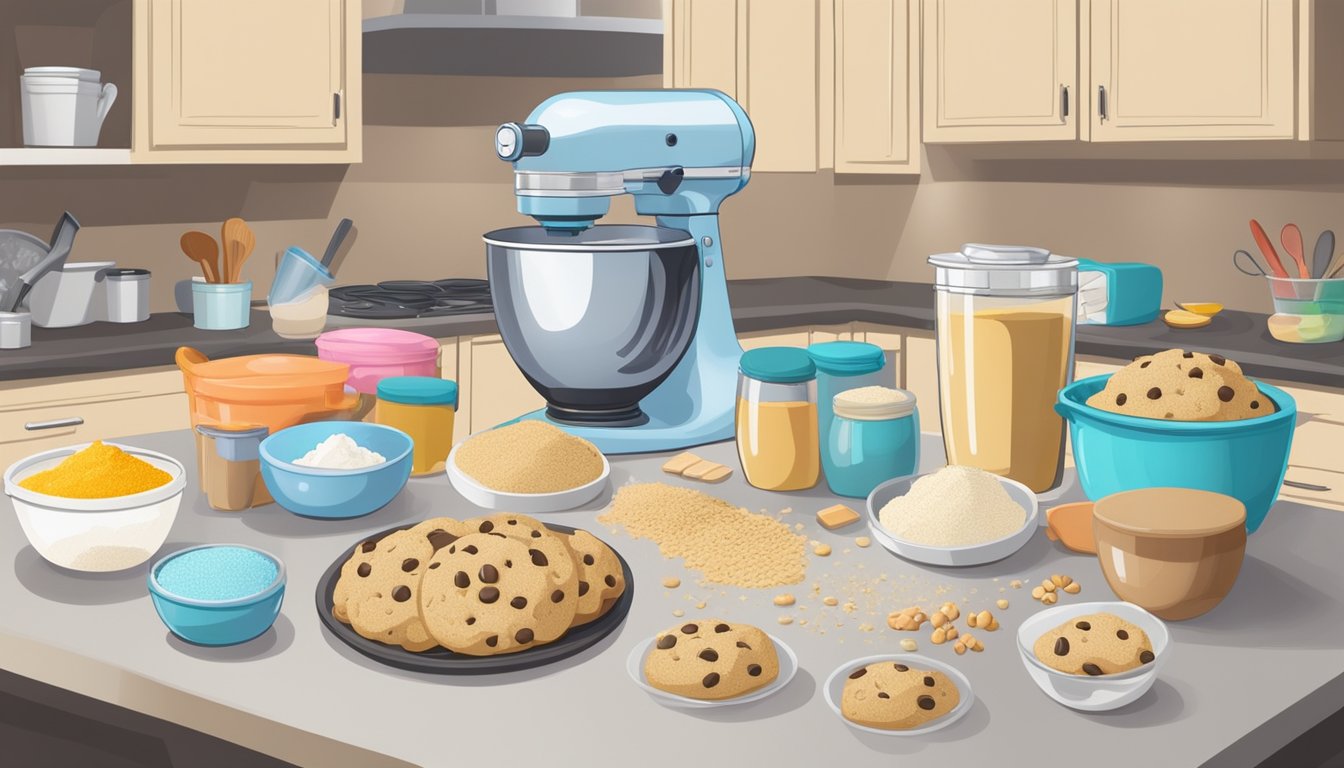 Cookie dough in a mixing bowl surrounded by ingredients, with a freezer in the background and various decorating tools on the counter