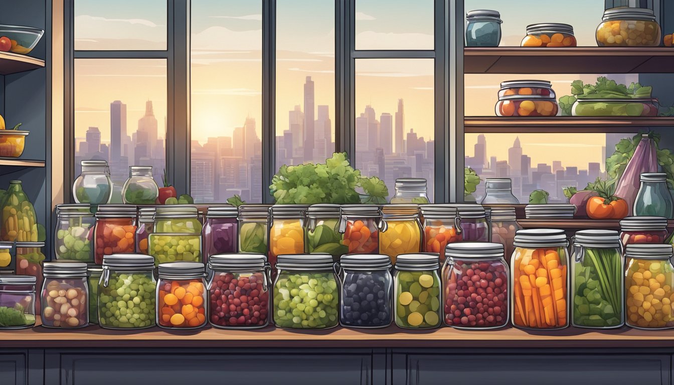 A small urban kitchen filled with jars of colorful pickled vegetables and fruits, neatly arranged on shelves and countertops. A city skyline is visible through the window