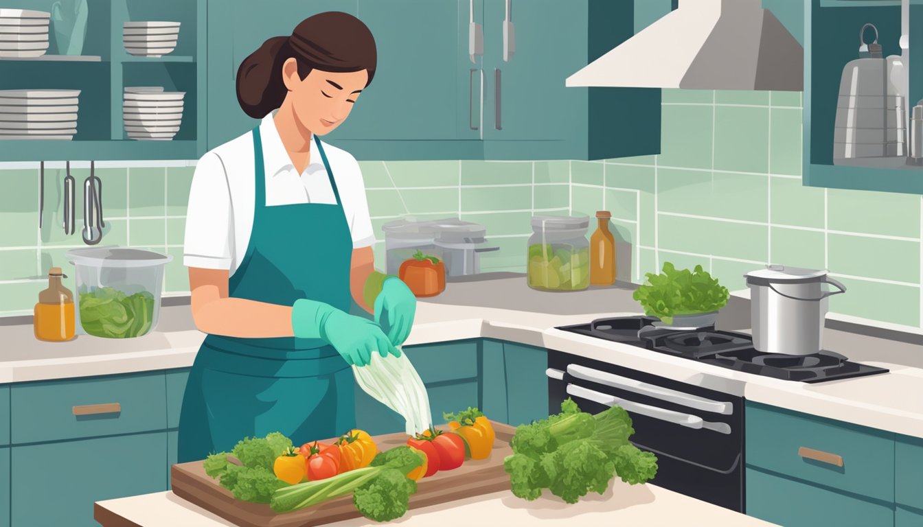 A person wearing gloves and using sanitized equipment to pickle vegetables in a clean, well-ventilated kitchen