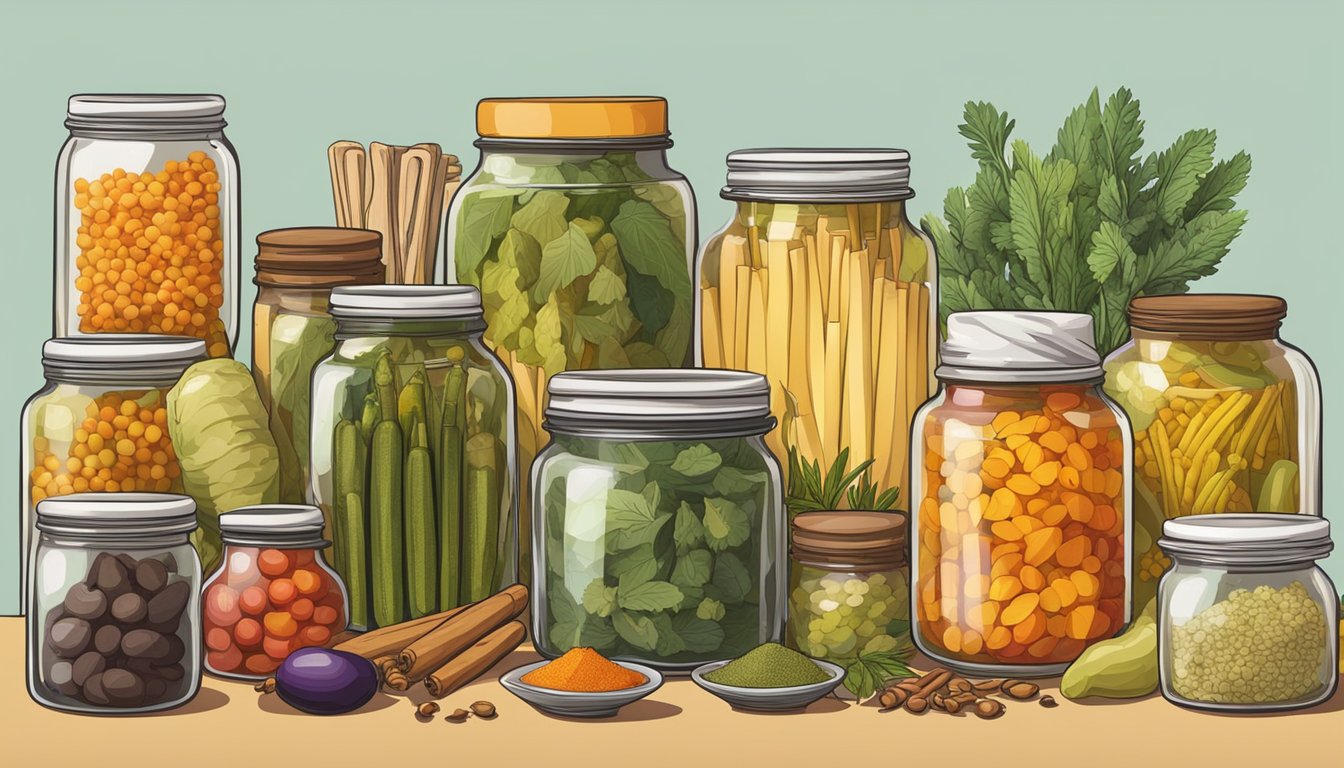 A table with various pickling ingredients and tools from different cultures, such as jars, spices, and vegetables, arranged in an organized and colorful display