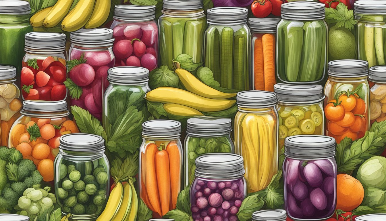 A colorful array of fresh fruits and vegetables arranged around jars of homemade pickles, with a sign reading "Low-Sodium and Sugar-Free Options."