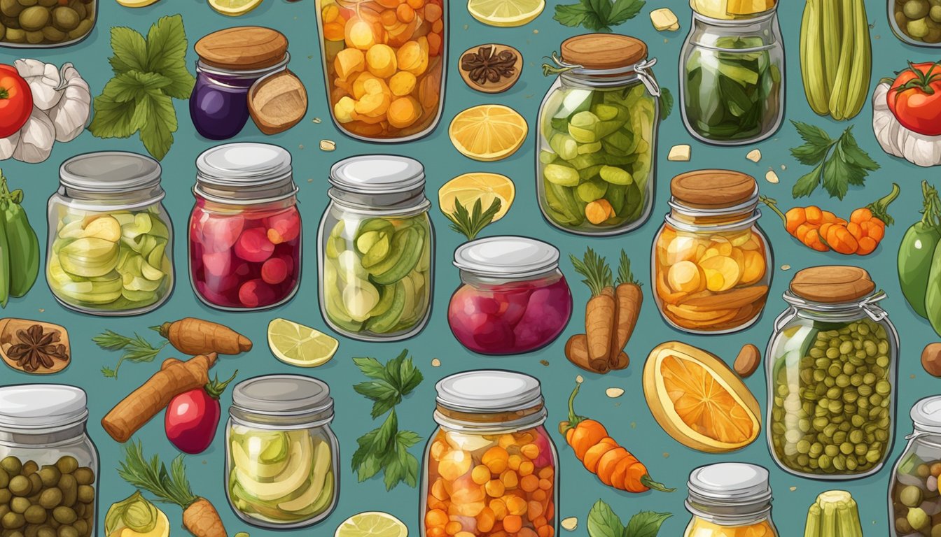 A table filled with jars, each containing different pickled vegetables and fruits from various countries. Spices and ingredients from around the world are scattered around the table