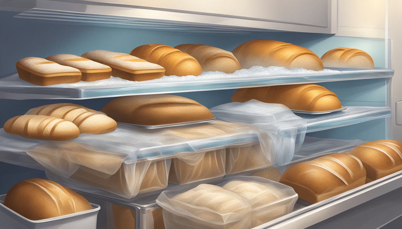 A loaf of bread being carefully wrapped in plastic and placed in a freezer next to other frozen items