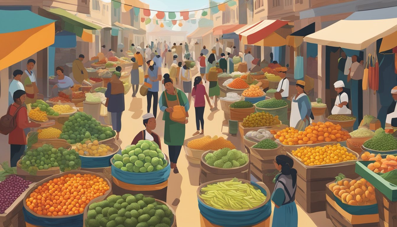 A bustling marketplace with vendors showcasing pickling techniques from various cultures, surrounded by colorful jars of preserved fruits and vegetables