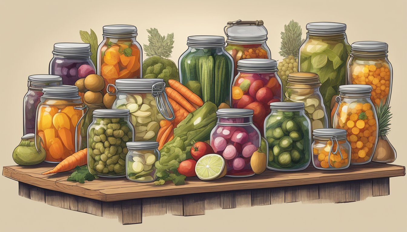 A table filled with jars of pickled vegetables, fruits, and spices from various countries. A map of the world hangs on the wall, with pins marking different pickling traditions