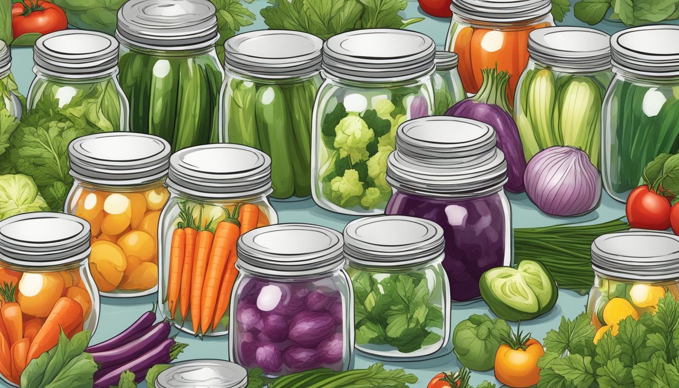 A colorful array of fresh vegetables and herbs being placed into jars of brine, ready to be pickled for low-sodium and sugar-free diets