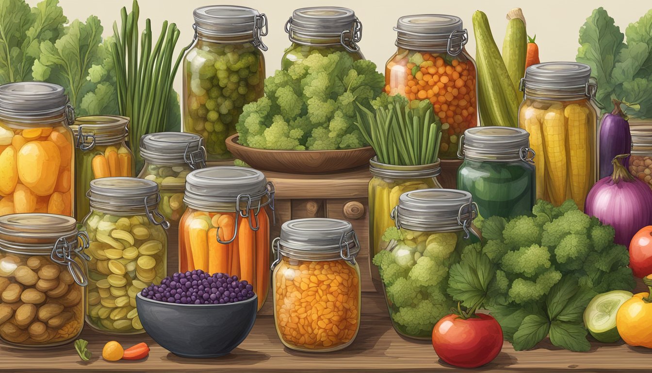 A table with an array of pickling jars from different cultures, each filled with colorful vegetables and fruits, surrounded by traditional pickling tools and ingredients