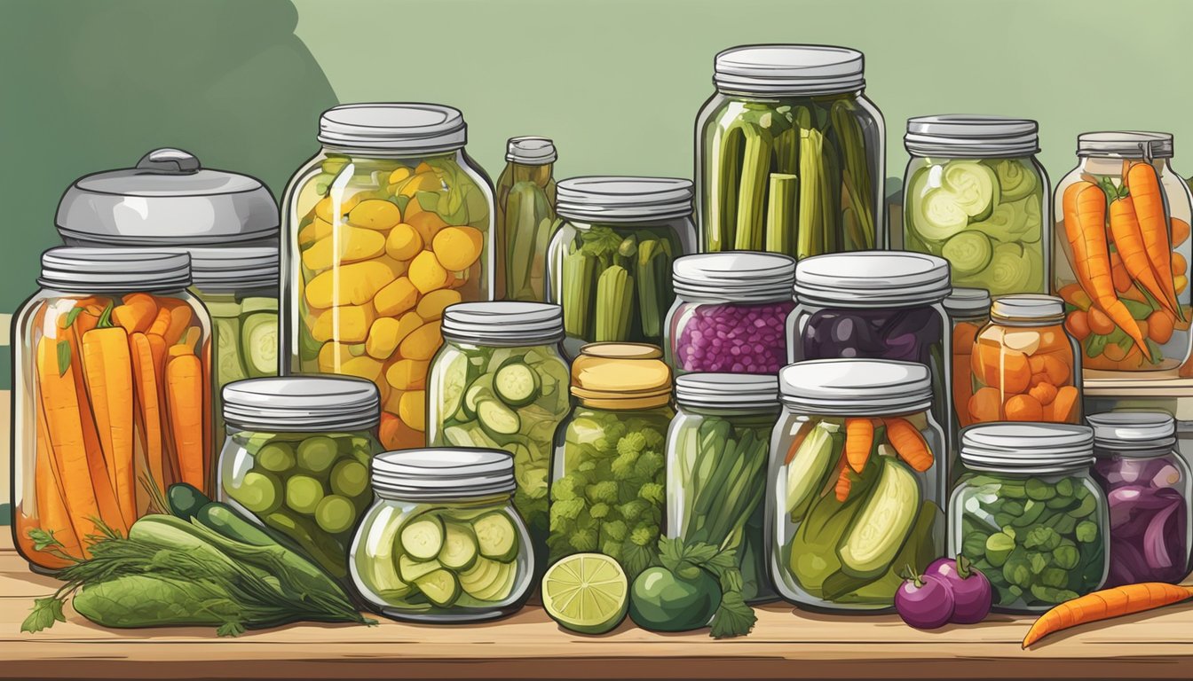 A table set with an array of pickled vegetables, surrounded by various dishes and ingredients. A jar of pickles sits in the center, adding a pop of color to the scene