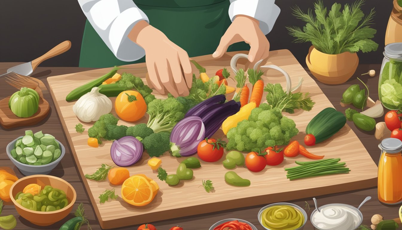 A chef arranging an array of pickled vegetables and fruits on a wooden cutting board, surrounded by various cooking utensils and ingredients