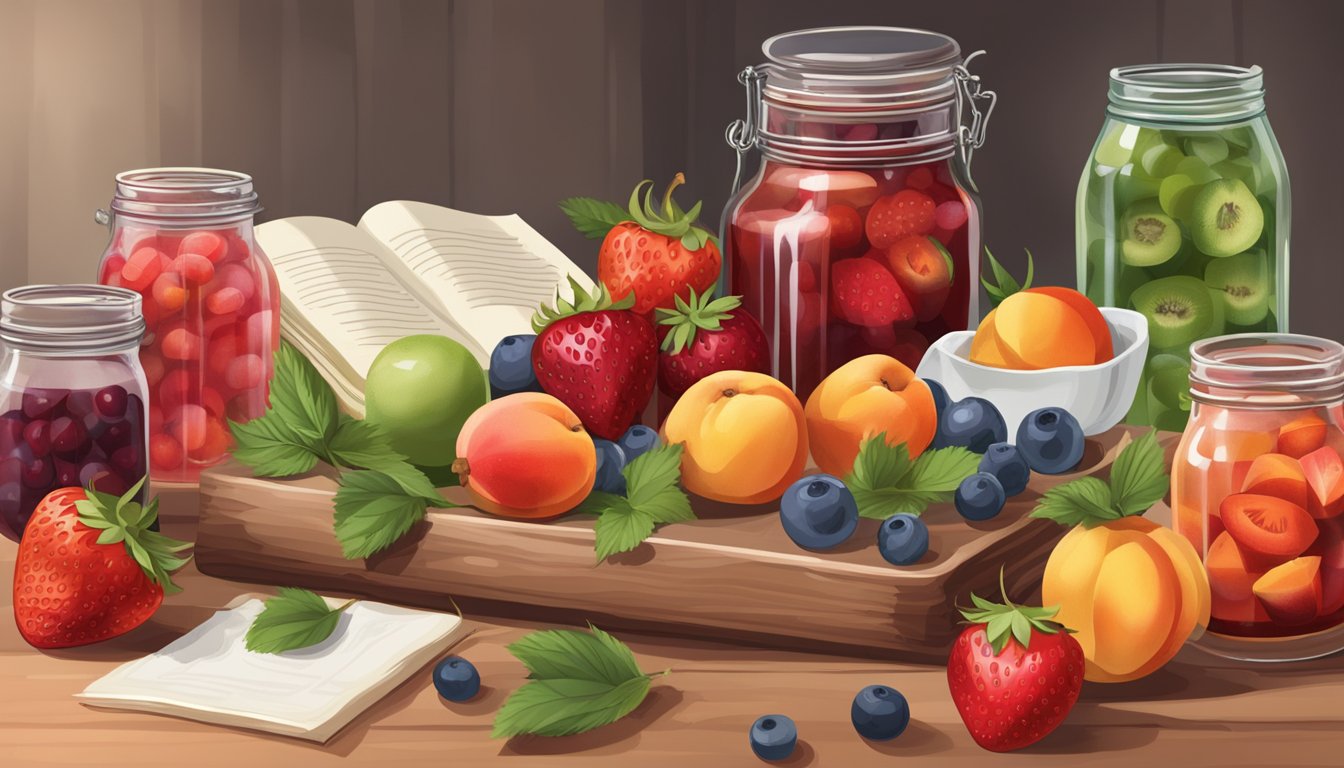 A table with a variety of fresh fruits like strawberries, peaches, and cherries, along with jars of vinegar and sugar, and a recipe book open to a page on pickling fruits