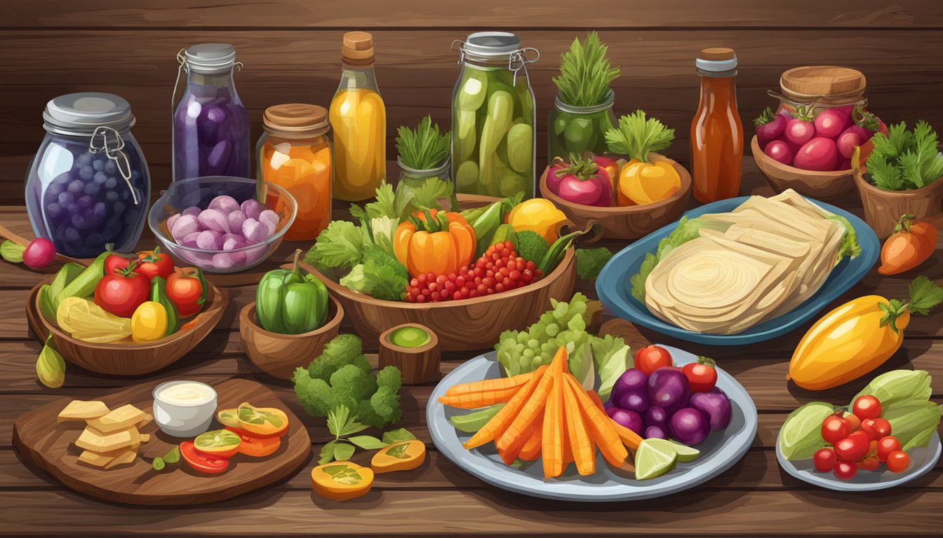 A rustic wooden table adorned with an array of colorful pickled vegetables and fruits, accompanied by various dishes and condiments