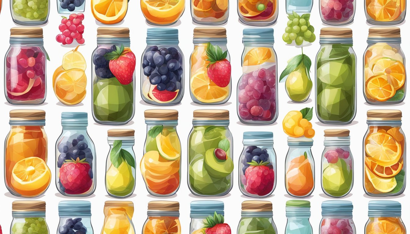 A colorful array of assorted fruits being sliced, mixed with spices, and preserved in jars of sweet and tangy syrup