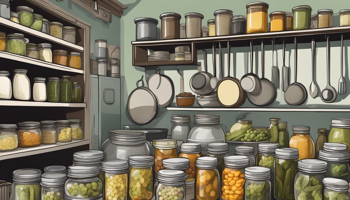 A cluttered kitchen with shelves of pickling jars, a large pot on the stove, and various utensils for small-batch production