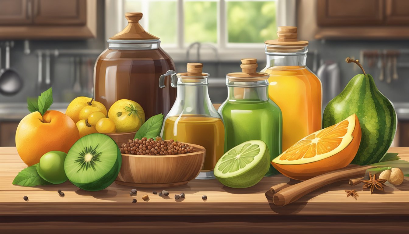 A variety of fresh fruits arranged on a wooden cutting board, surrounded by jars of vinegar, sugar, and spices. A pot of boiling liquid sits on a stove in the background