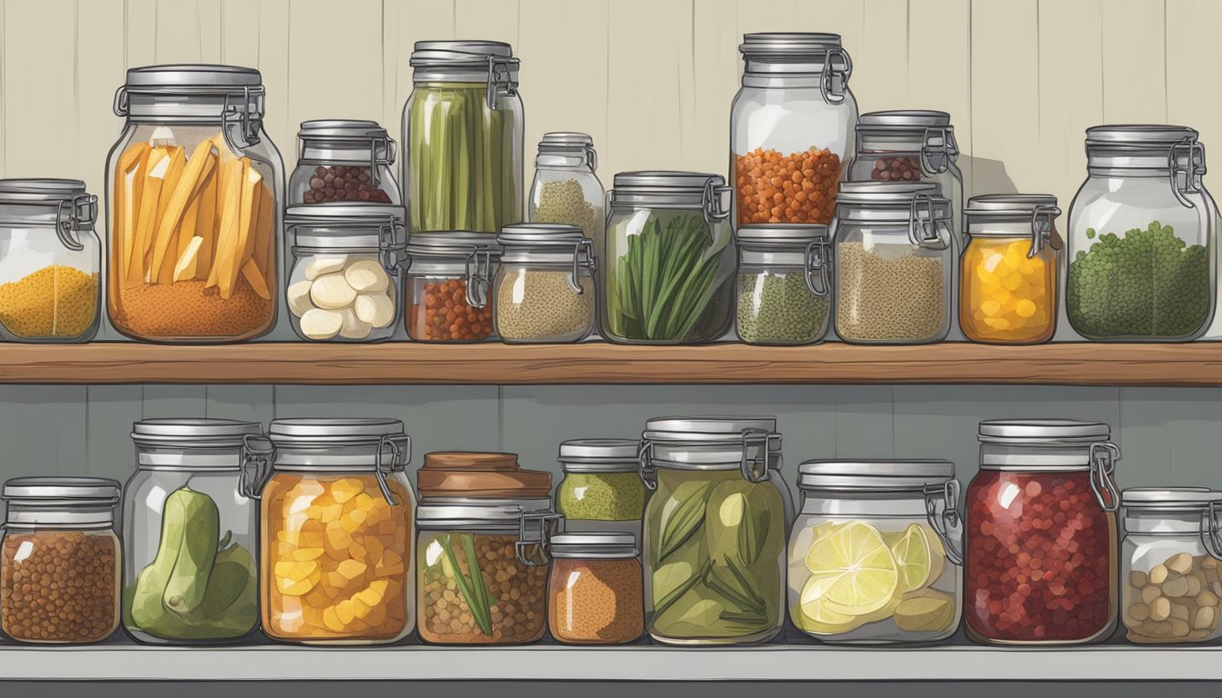 A cluttered kitchen counter with jars, spices, and utensils. A small-scale pickling operation in progress, with a focus on organization and efficiency