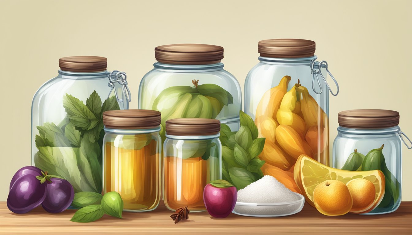 A table with jars, fruits, sugar, vinegar, and spices for pickling