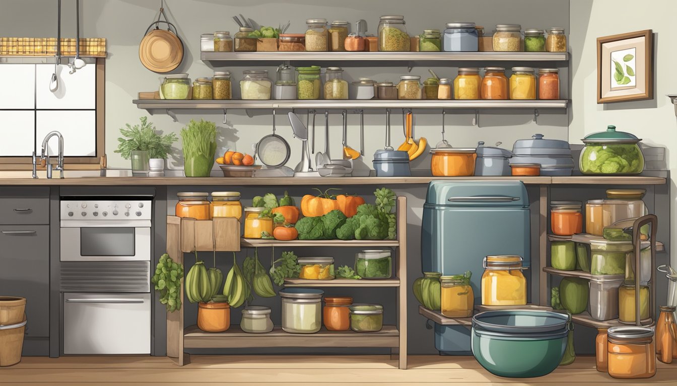 A small kitchen with shelves of pickling jars, fresh produce, and large pots for boiling brine. A scale and measuring tools sit on the counter