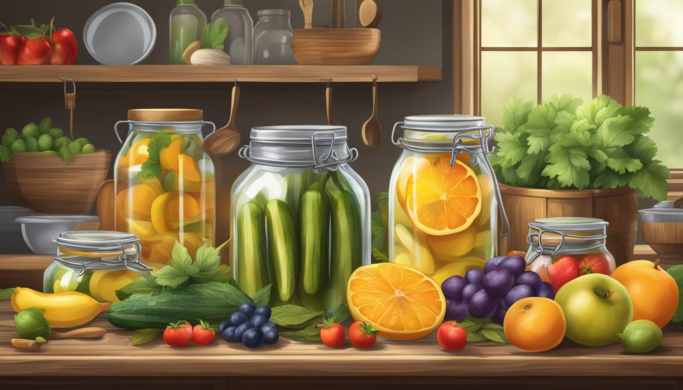 A rustic kitchen table adorned with a variety of pickled fruits in glass jars, surrounded by fresh produce and cooking utensils