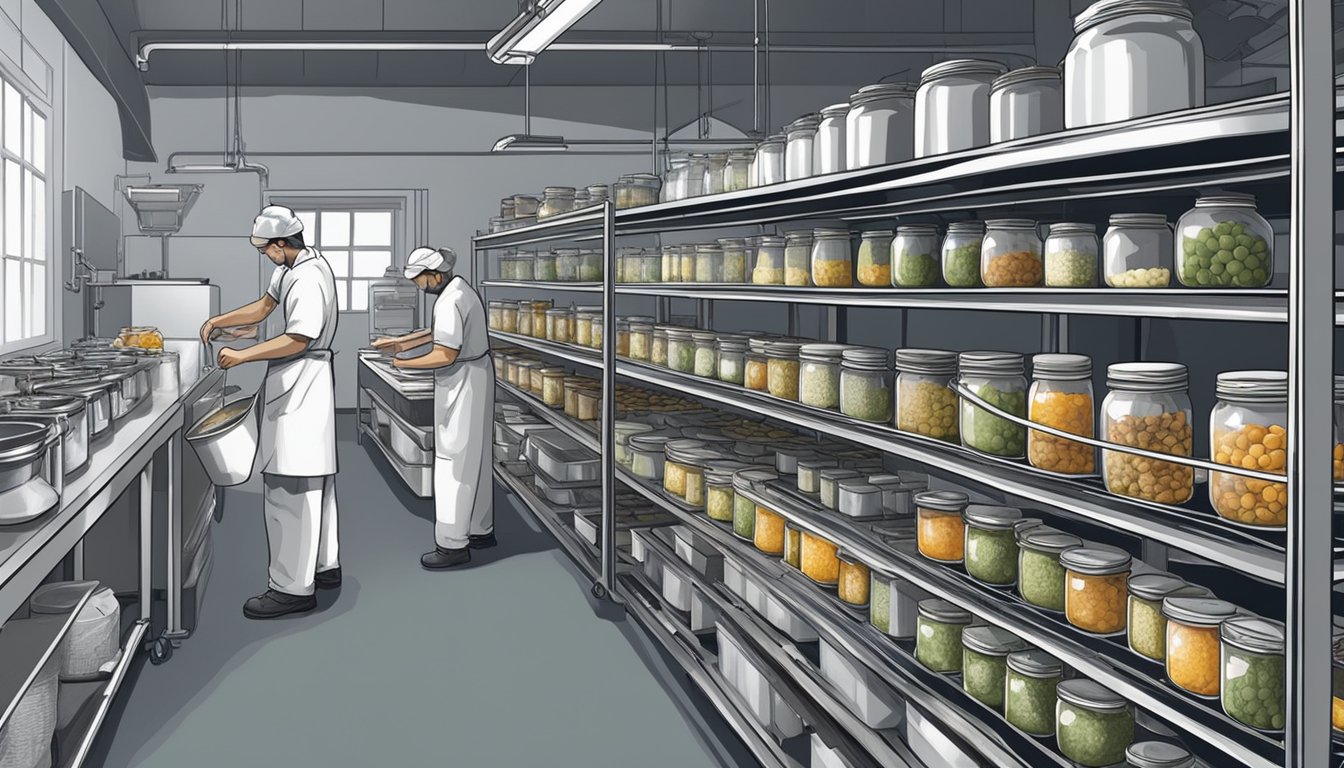 A small-batch production facility with stainless steel equipment and shelves of pickling jars. Workers in aprons and hairnets busily fill and label jars