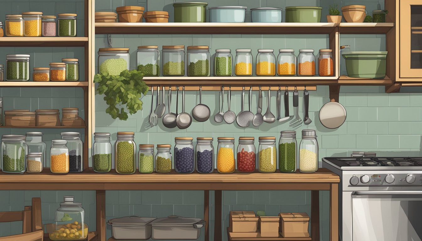 A small kitchen with shelves of pickling supplies, jars, and equipment. A table holds various ingredients and tools for small-batch production