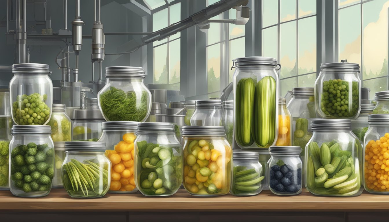 A small-scale pickling operation with rows of glass jars, industrial equipment, and quality control tools