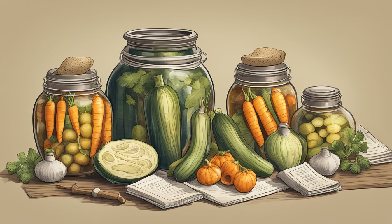 A table filled with ancient jars of pickled vegetables, surrounded by historical artifacts and documents on the cultural significance of pickling