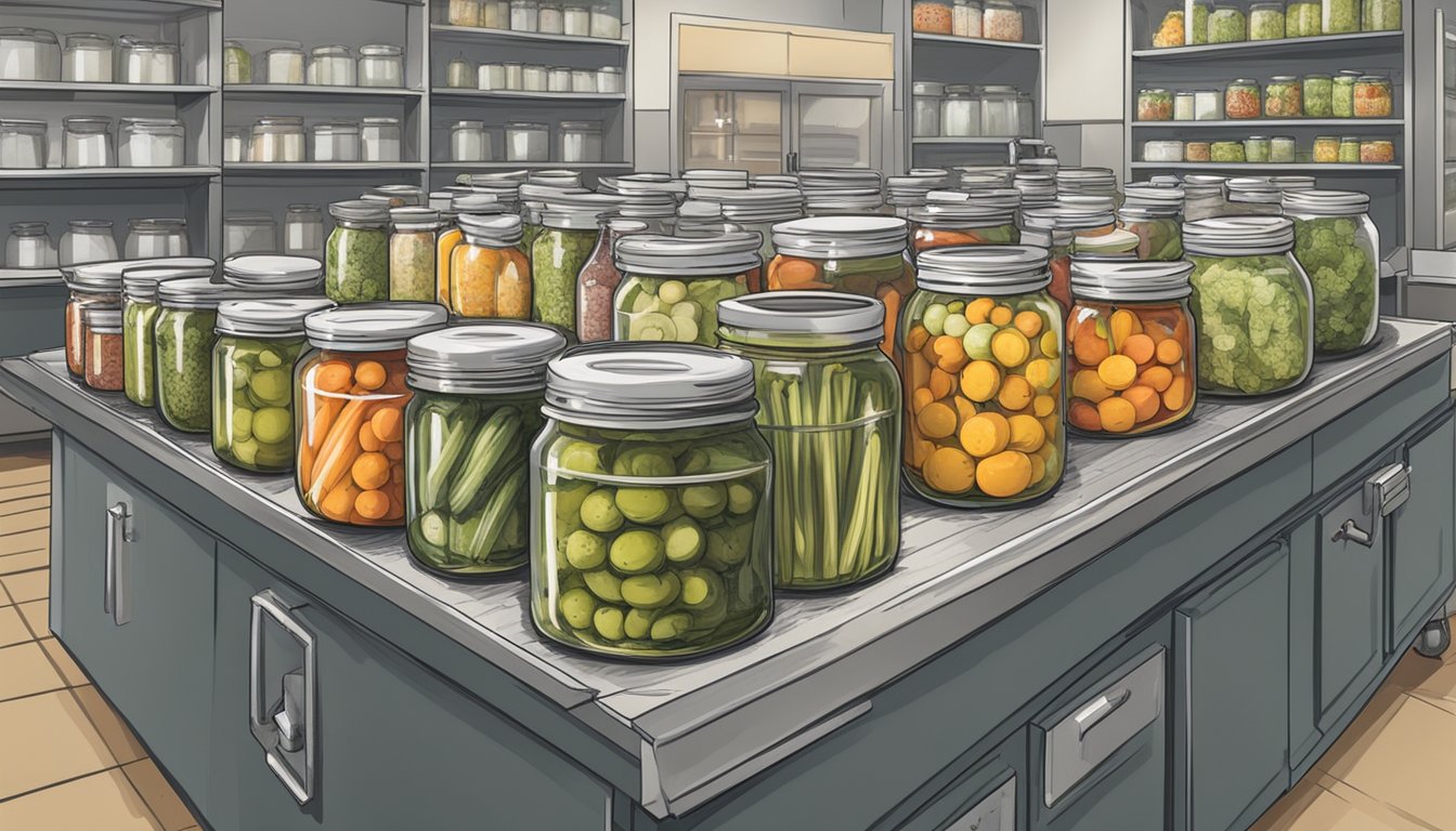 A small-batch pickling operation in a commercial kitchen, with shelves filled with neatly labeled jars of pickled vegetables and fruits. Quality control equipment and packaging materials are organized nearby