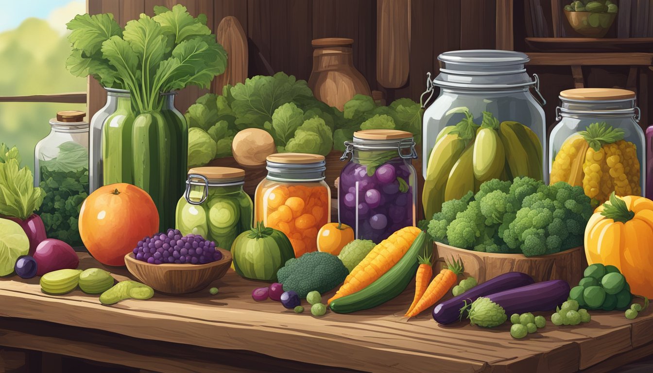 A variety of colorful fruits, vegetables, and jars filled with fermenting pickles line a rustic wooden table, surrounded by historical artifacts and books on health benefits and probiotics