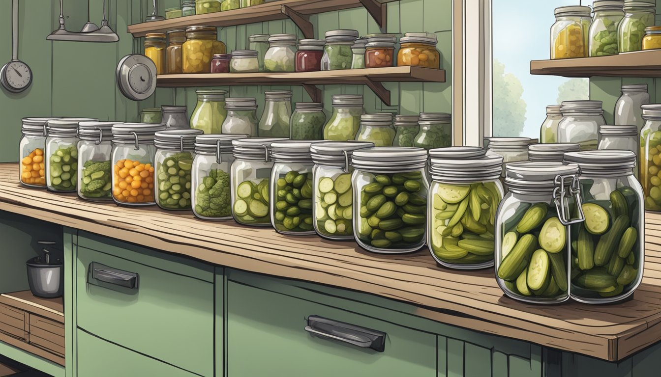 A small kitchen with jars of pickles and ingredients, a scale, and a production line setup for small-batch pickling