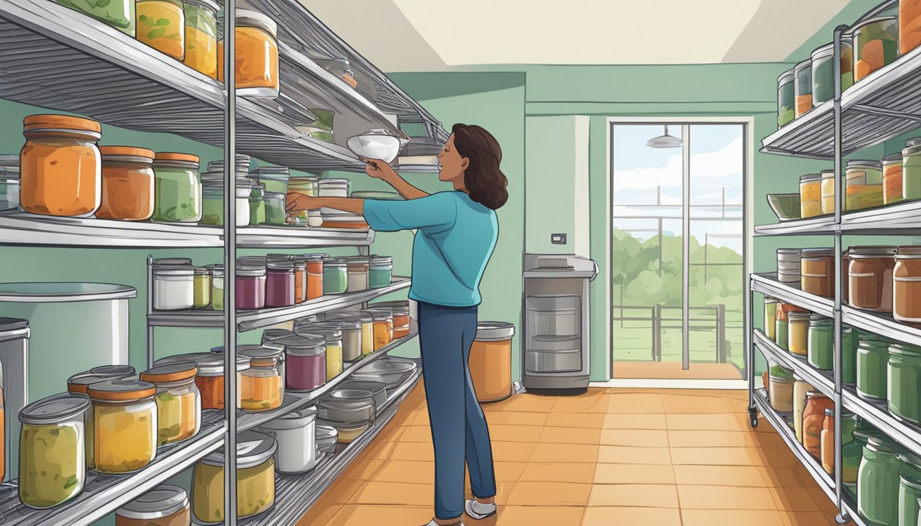 A person in a kitchen, adjusting a pressure canner while monitoring a thermometer and a timer. Shelves of canned goods in the background