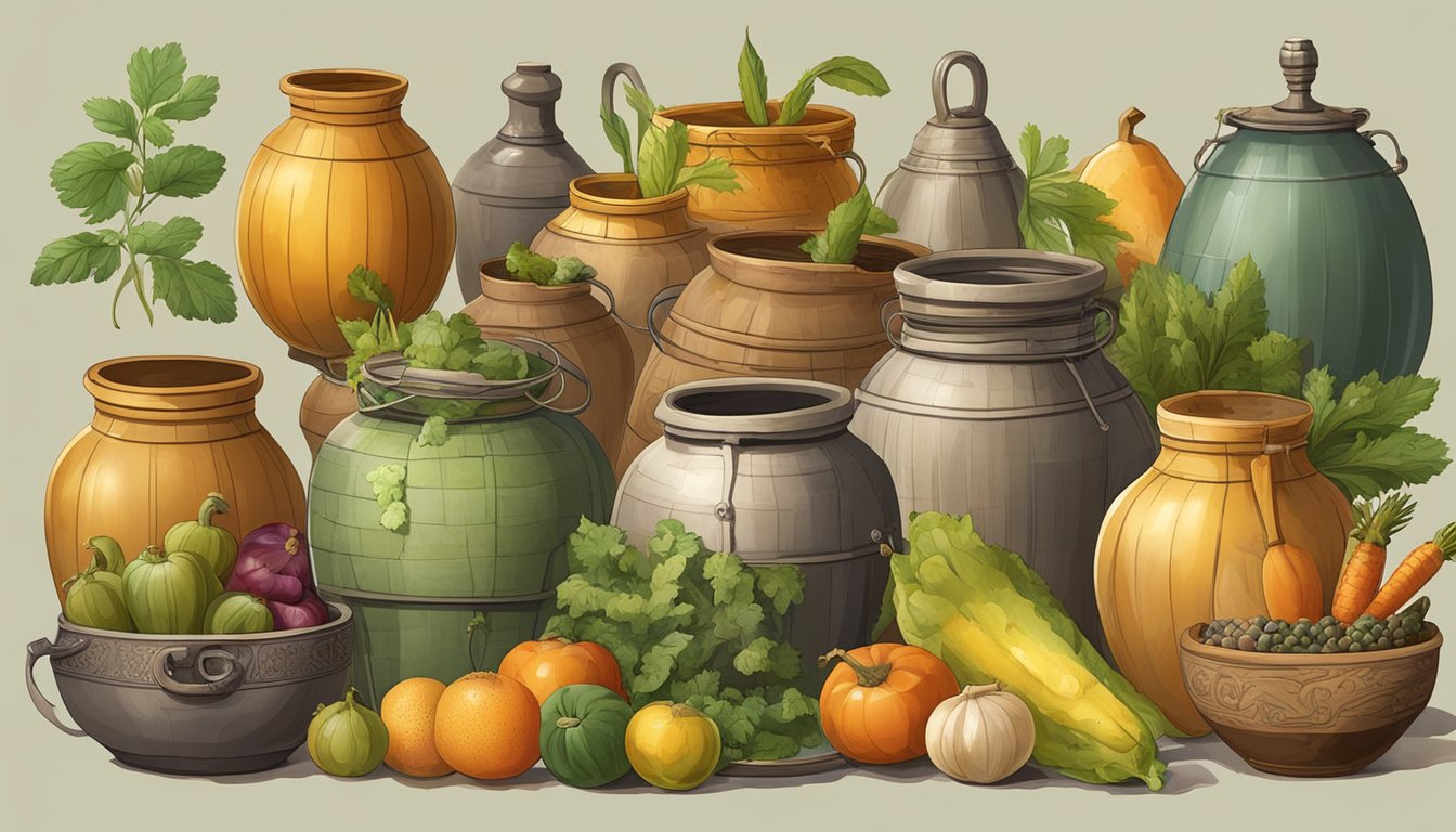 A collection of ancient jars and vessels filled with various fruits and vegetables, surrounded by historical tools and equipment used for pickling