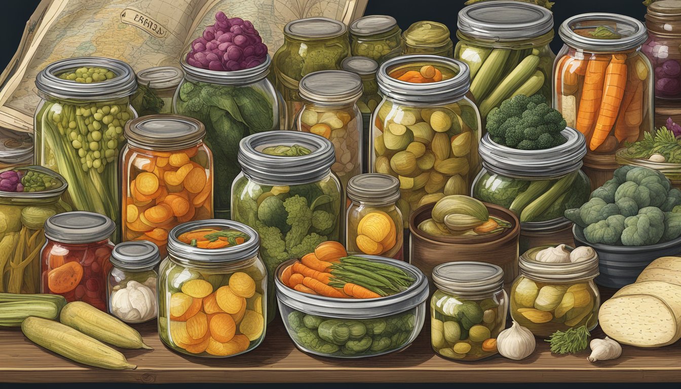 A table filled with jars of pickled vegetables from around the world, surrounded by historical maps and illustrations of pickling techniques