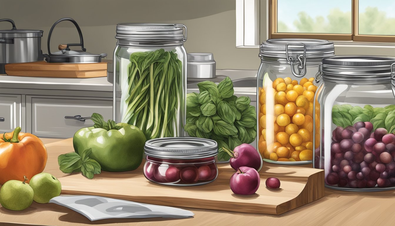 A kitchen counter with canning jars, fresh produce, a sealing device, and a guidebook on canning techniques