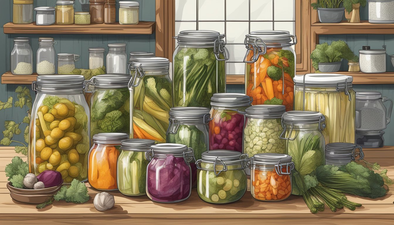 A modern kitchen with jars of pickled vegetables, surrounded by historical illustrations of pickling techniques