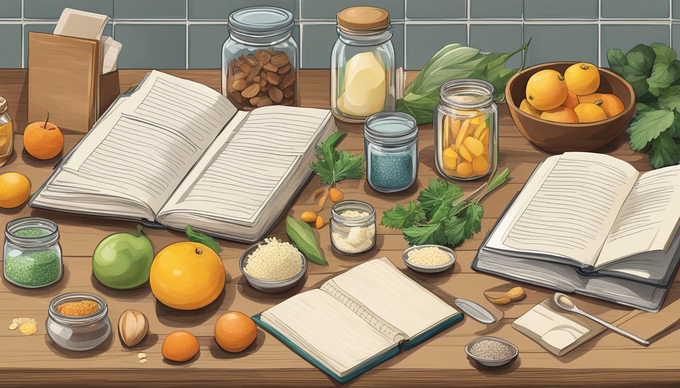 A kitchen counter with open recipe books, jars, and ingredients scattered around, evoking a sense of tradition and nostalgia