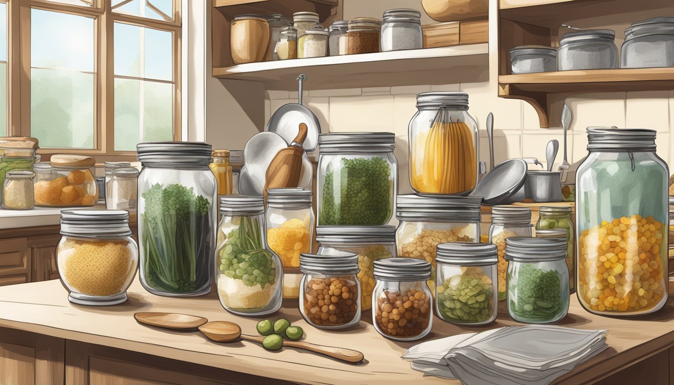 A kitchen counter with various jars filled with preserved foods, surrounded by handwritten recipe cards and vintage cooking utensils