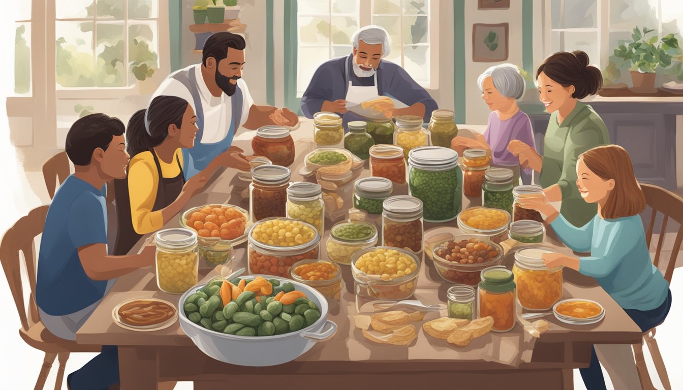 A family gathering around a table covered with jars of preserved foods, sharing and celebrating heirloom recipes