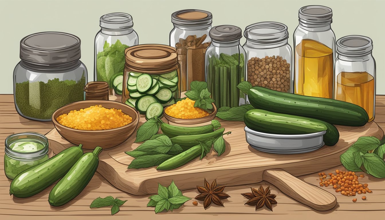 A wooden cutting board with a variety of fresh spices and herbs scattered around a pile of cucumbers and jars of vinegar, ready for pickling