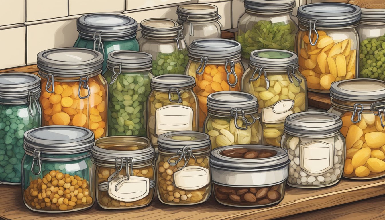 A kitchen counter filled with colorful jars of preserved foods, surrounded by handwritten recipe cards and vintage cooking utensils