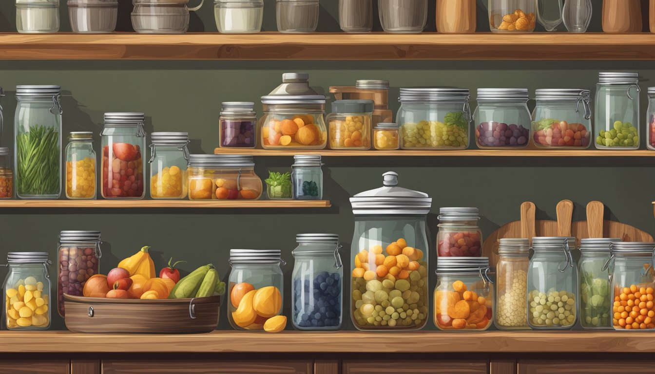 A rustic kitchen with shelves lined with rows of glass jars filled with colorful preserved fruits and vegetables, surrounded by vintage kitchen tools and recipe books