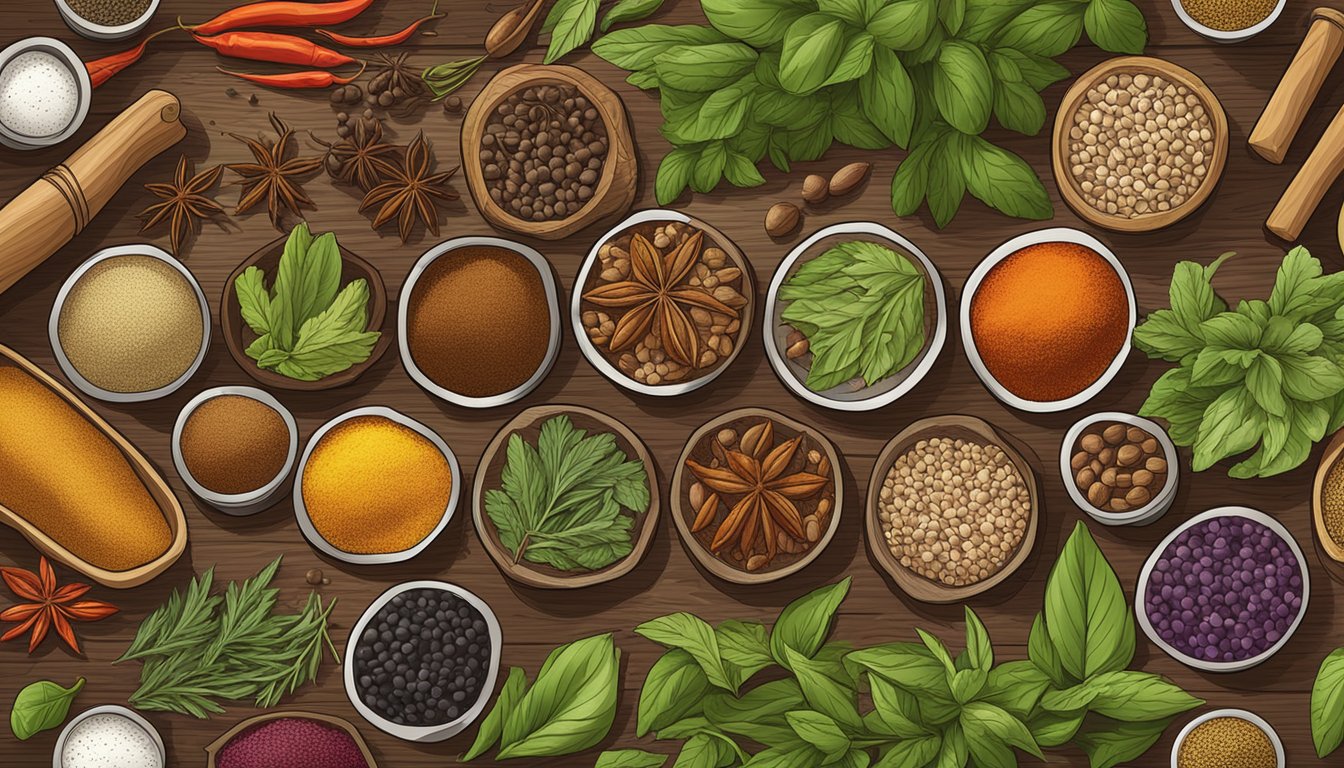 A colorful array of assorted spices and herbs arranged on a wooden table, ready to be used in pickling jars