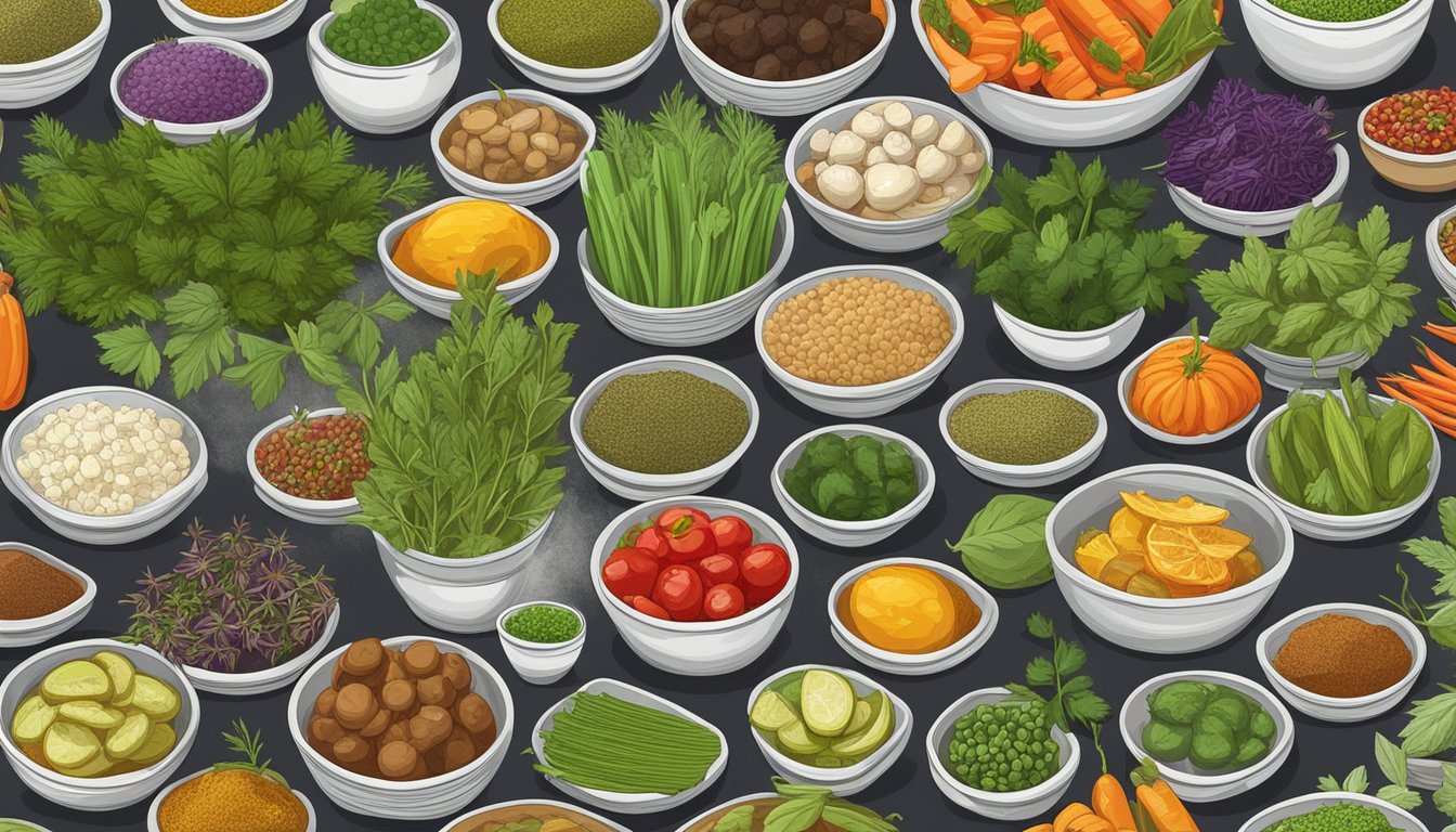 A variety of pickling spices arranged in small dishes with fresh herbs and colorful vegetables, ready to be combined and used in pickling recipes