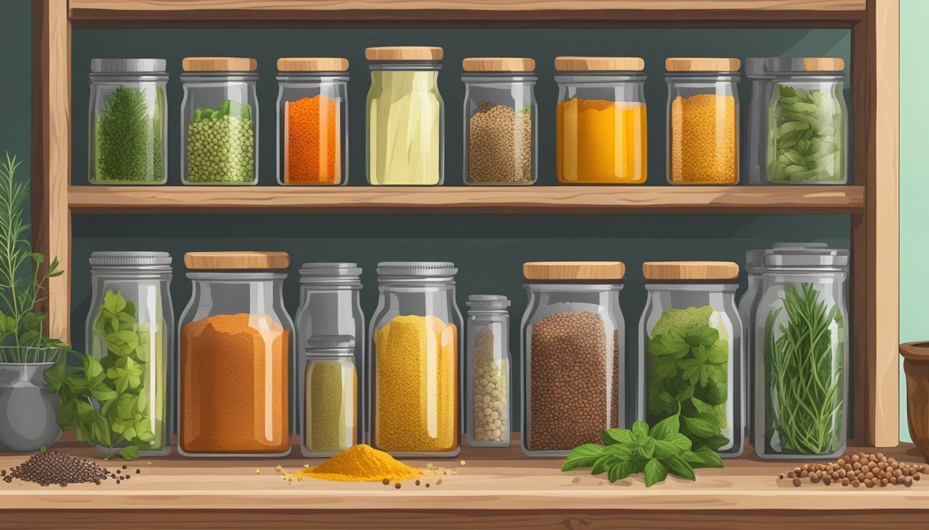 A wooden spice rack with various jars of colorful spices, next to a cutting board with fresh herbs and pickling ingredients