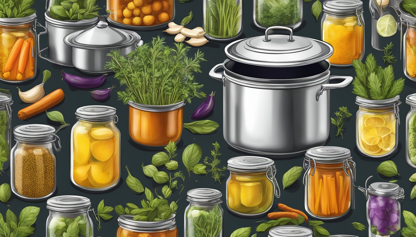 A colorful array of fresh herbs and spices arranged around a collection of assorted pickling jars, with steam rising from a boiling pot on a stovetop